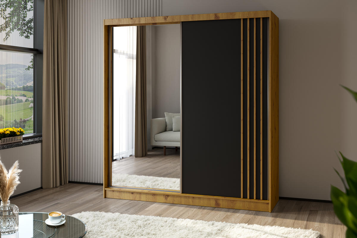SCHWEBETÜRENSCHRANK Neli 200 cm mit Lamellen und Spiegel 2-türig, Artisan, schwarz, Lamelle Artisan - Schwarz/Braun, Kunststoff (200/216/61cm) - Margaret Hadas24