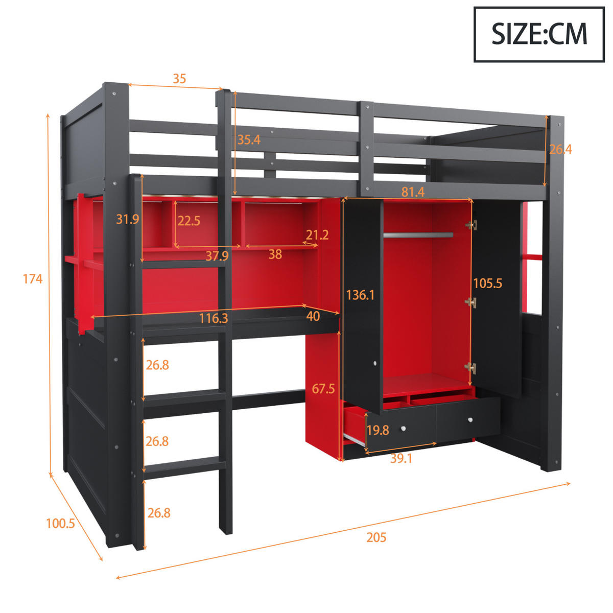 HOCHBETT 90/200 cm in Schwarz-Rot mit LED-Beleuchtung und Stauraum - Schwarz, Holz (90/200cm) - Flora Grace