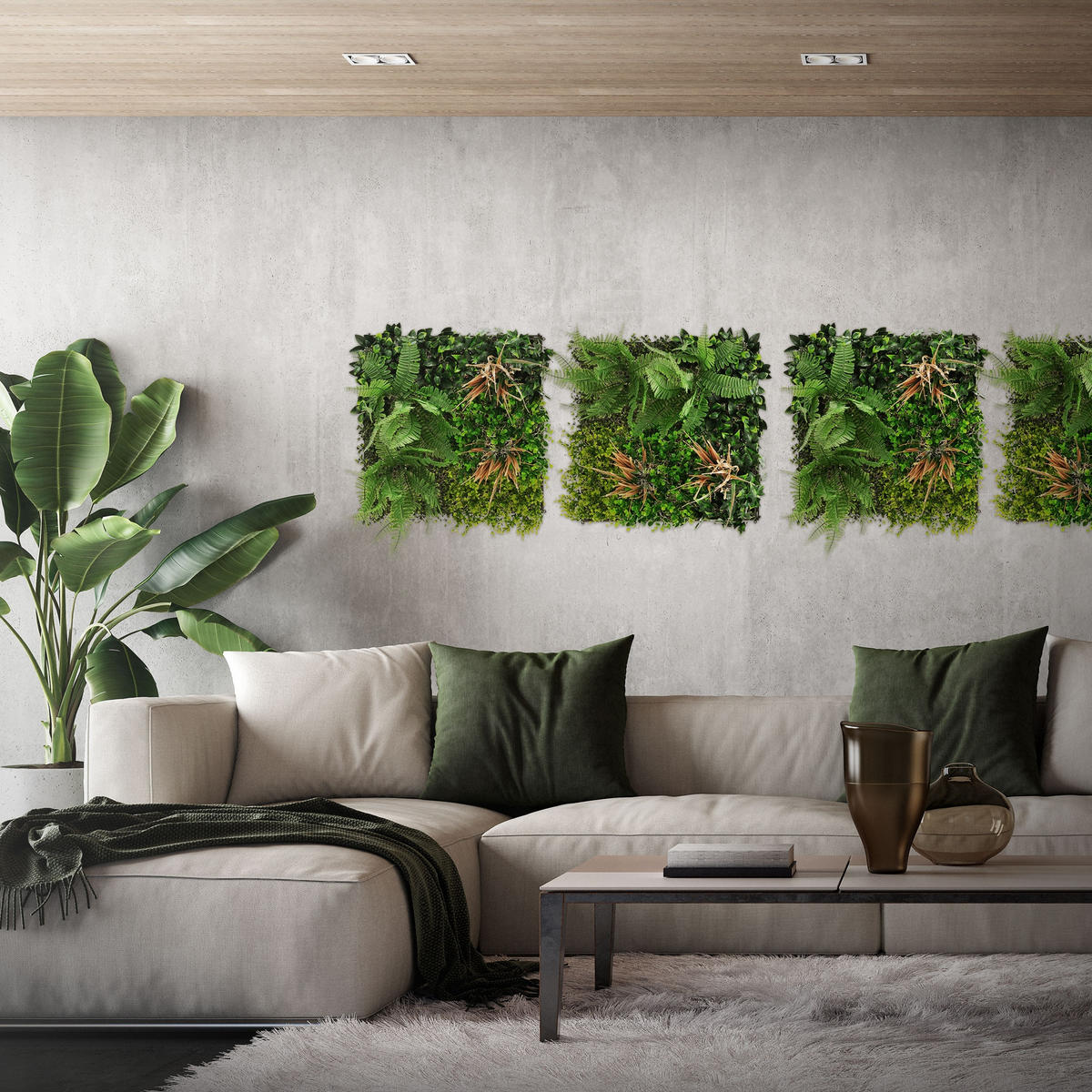 KÜNSTLICHE PFLANZENWAND 4er Set 50x50 cm Kunstpflanzen Wand Innen Aussen Grün Tropical Mix - Waldgrün/Kupferfarben, Kunststoff (50/50/10cm) - ECD-Germany