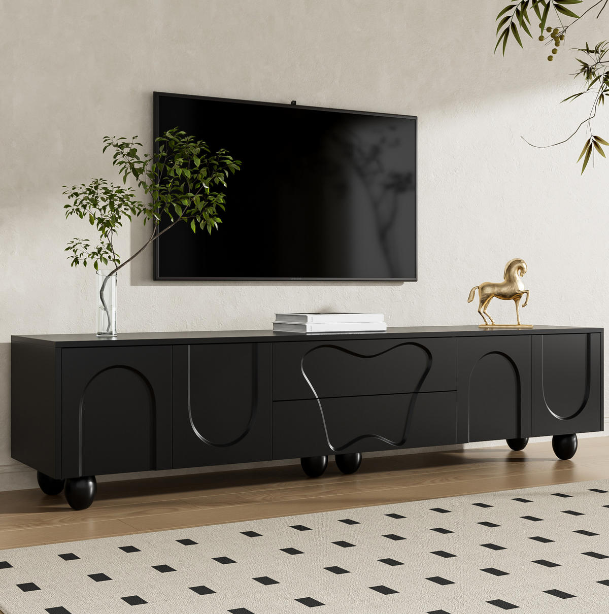TV-LOWBOARD aus Spanplatte 180x40x42 cm Schwarz mit Schubladen, Fächern und Massivholzbeinen - Schwarz, Holzwerkstoff (180/42/40cm) - IVMEU