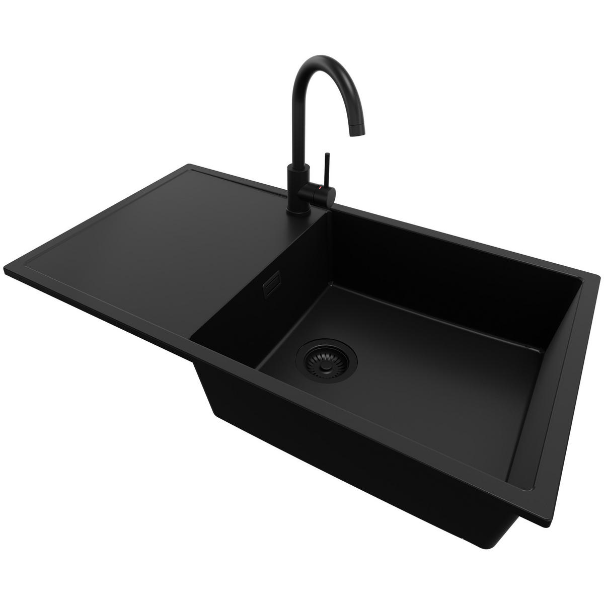 GRANITSPÜLE Ibiza, 2-er set Alles Schwarz 90/50 cm 1 Becken + Küchenarmatur 32/20 cm + Ablauf-Set ab 60er Unterschrank - Schwarz, Kunststoff (90/19/50cm) - Primagran