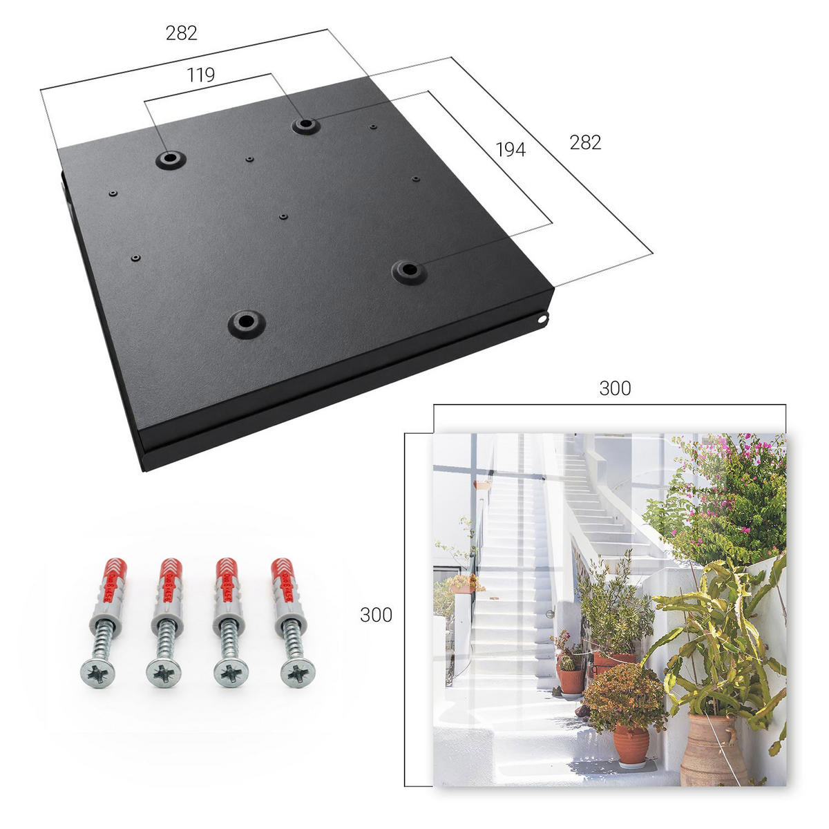 SCHLÜSSELBOX Schwarz 30x30 cm- Türöffnung nach rechts - Treppe mit Pflanzen - Weiß, Metall (30/30/5cm) - TULUP