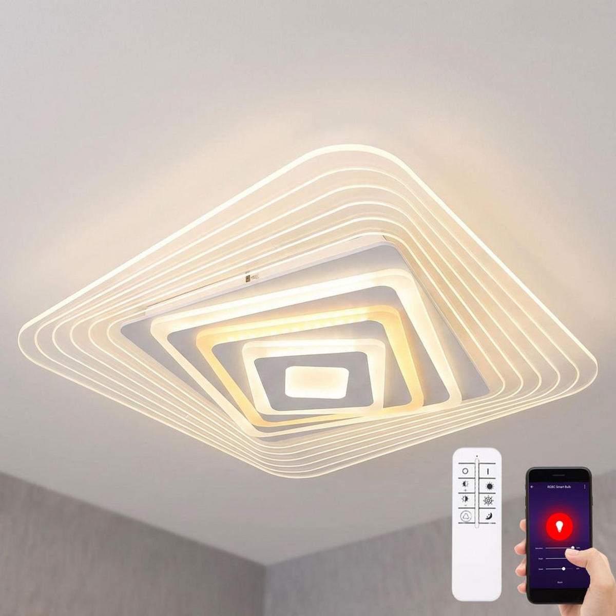 DECKENLEUCHTE LED, Metall-Acryl, Weiß, CCT, App-Steuerung - Weiß, Metall (50/50/6.5cm) - Globo Lighting