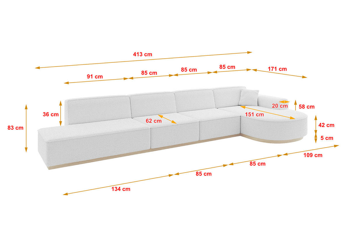 ECKSOFA Ottomane Rechts ARRIO-L3 - 413x171x83 cm Weiß - Weiß, Holzwerkstoff/Textil (413/171cm) - ALTDECOR