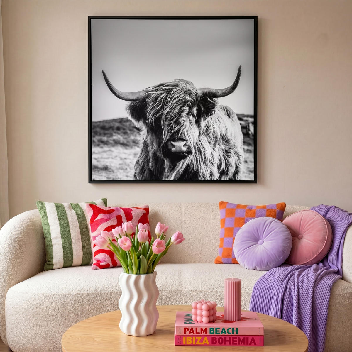 LEINWAND Bilder mit Rahmen - Kuh - Schottischer Hochländer - Schwarz - Weiß - Tier - Natur - Wildtiere - 90x90 - Schwarz, Textil (90/90cm) - MuchoWow