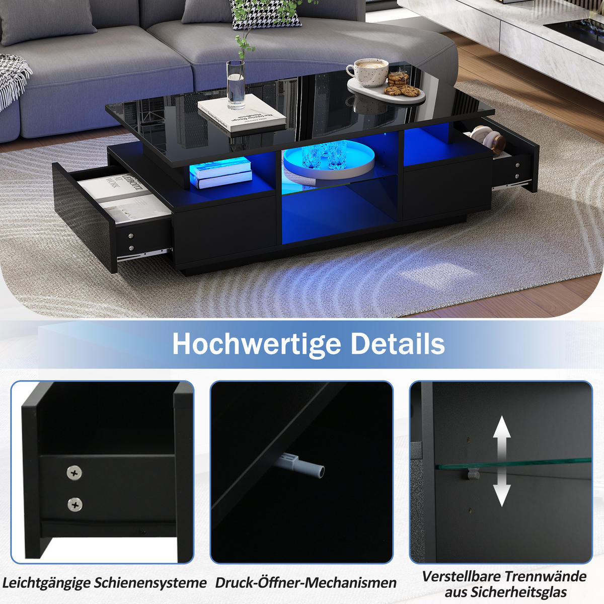 COUCHTISCH in Schwarz Kaffeetisch mit 2 Schubladen, LED & Glas, offener Stauraum, Hochglanz Sofatisch, B100/T50/H36cm - Schwarz, Holzwerkstoff/Metall (50/100/36cm) - STILVORA