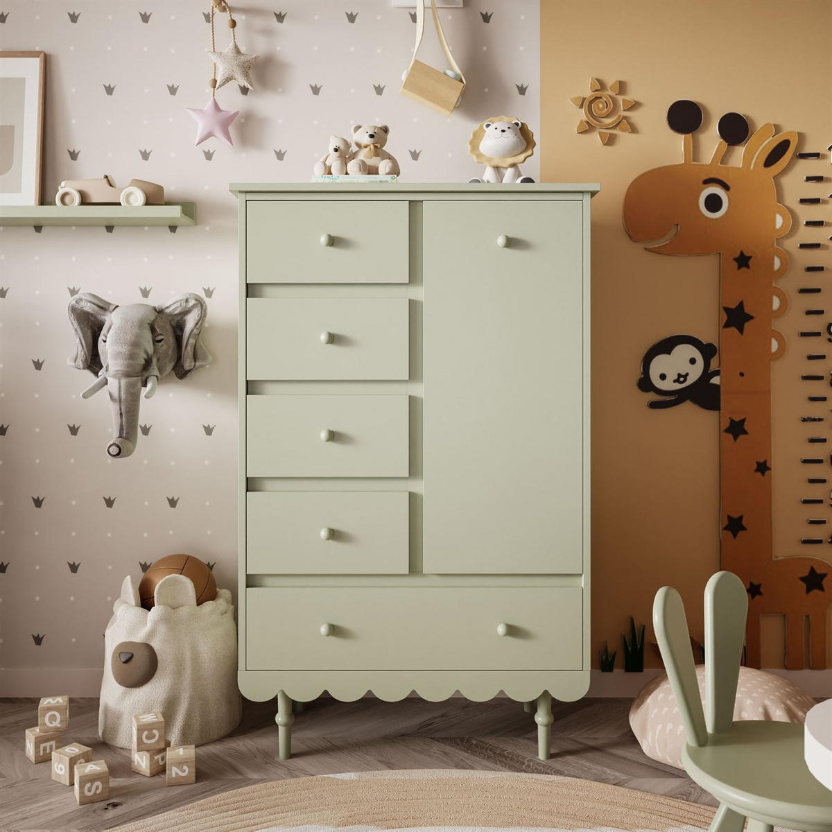 HOCHKOMMODE BABUSHKA mit Schubladen, Olivgrün - Olivgrün, Holzwerkstoff (84/140/50cm)