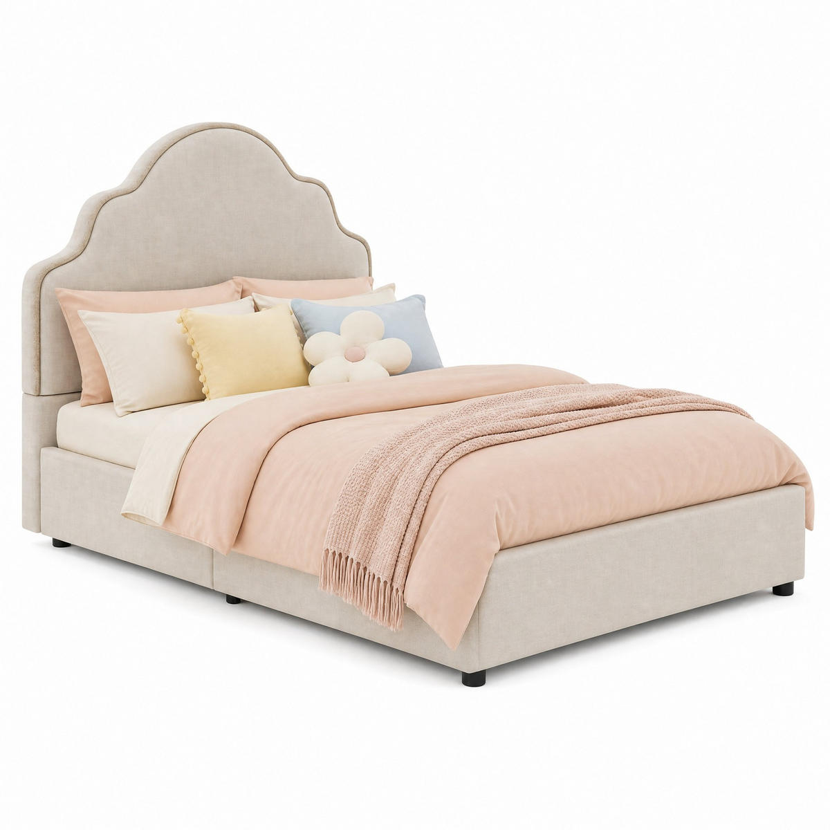 DĚTSKÁ POSTEL 90/200 cm v béžové barvě s čalouněným čelem ze lnu - béžová, kov/kompozitní dřevo (90/200cm) - CHICFURN