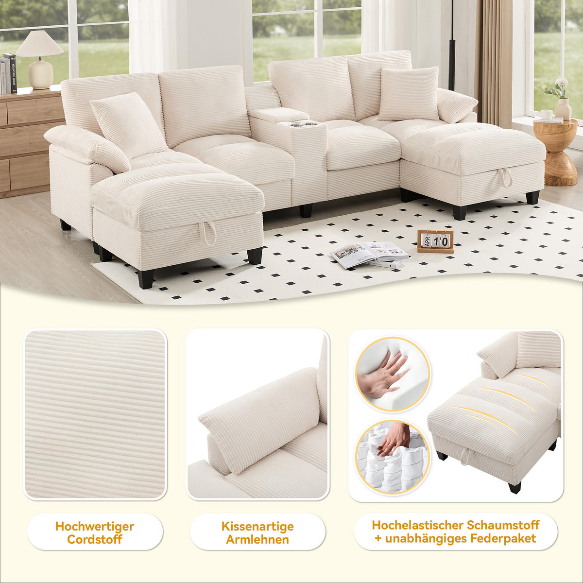 U-FORM Wohnlandschaft Cord mit Stauraum und USB-Anschluss 293/142/93 cm Beige - Beige, Kunststoff/Textil (93/293/142cm) - Redom