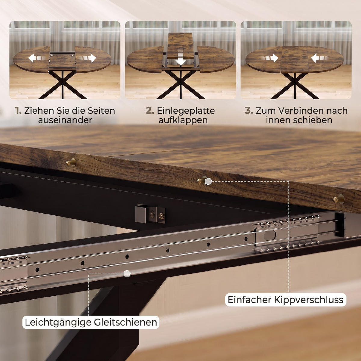 UTDRAGBART matbord i MDF och stål, rustikal brun - Svart/Mörkbrun, Träbaserade material/Metall (135/100/75cm) - HOMCOM