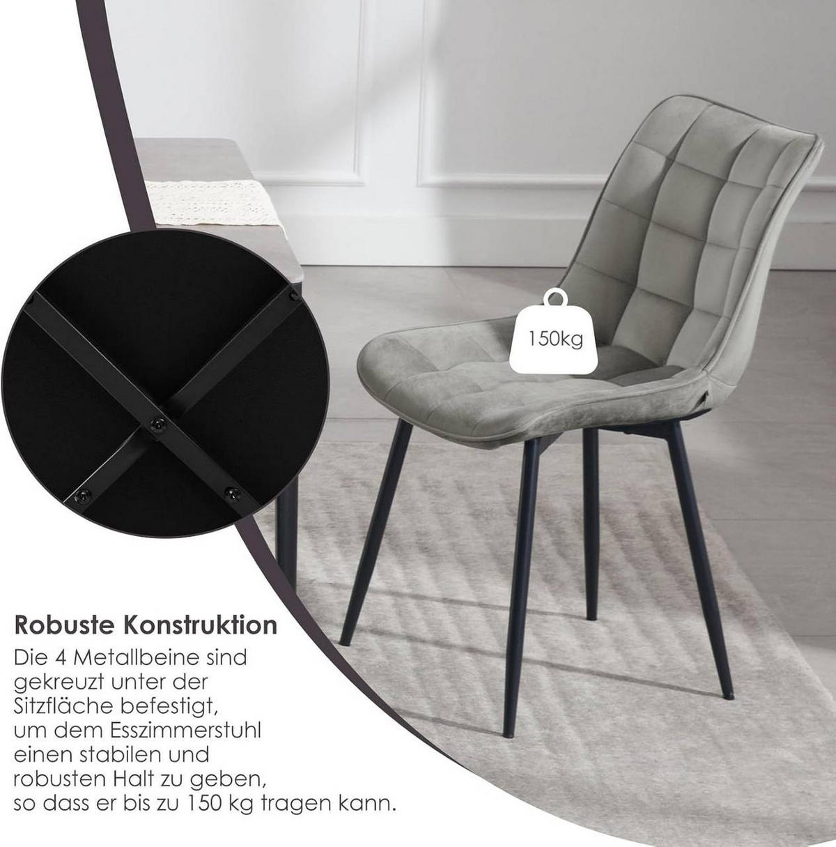 ESSZIMMERSTUHL 2er Set, Samt, Metallbeine, Hellgrau - Hellgrau/Schwarz, Textil/Metall (46/85.5/40.5cm) - Woltu