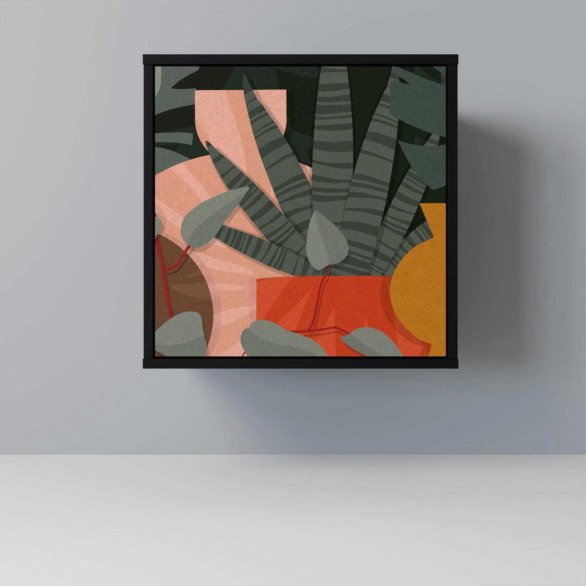 SIDEBOARD TROPICAL COMPOSITION, Schwarz, 57,5x42x75,5 cm, Goldfarbene Metallfüße - Goldfarben/Multicolor, Holzwerkstoff/Metall (57.5/75.5/42cm) - SpaceRebels