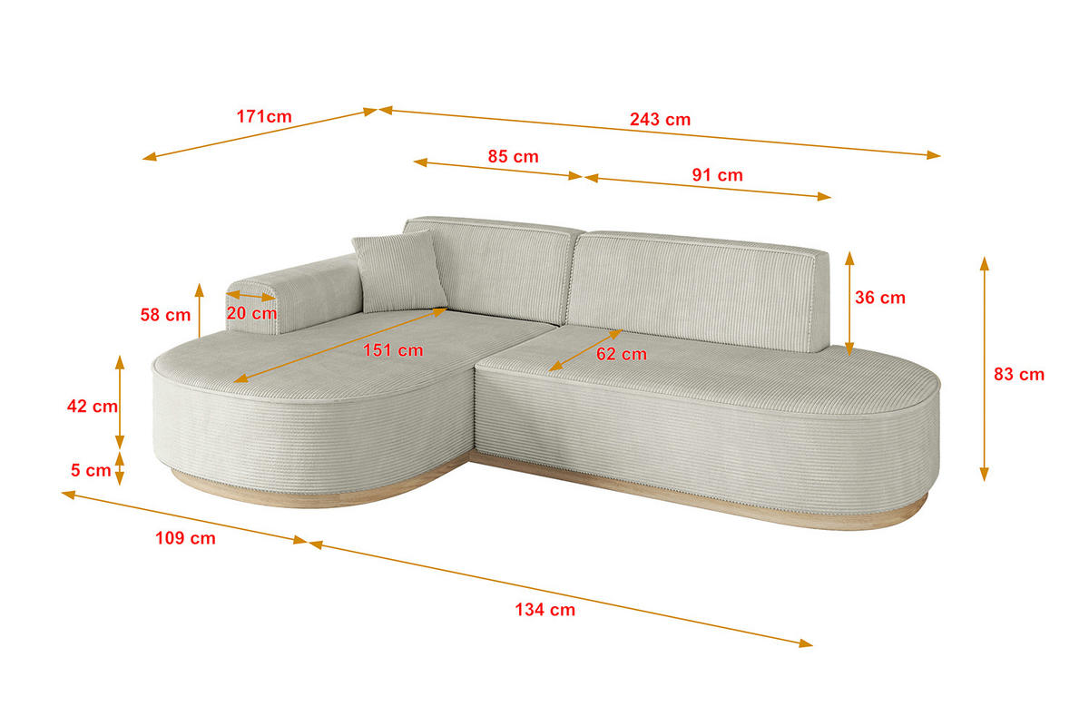 ECKSOFA Ottomane Links MARI-L1-v1 - 243x171x83 cm Hellgrau Cord - Hellgrau, Holzwerkstoff/Textil (243/171cm) - ALTDECOR