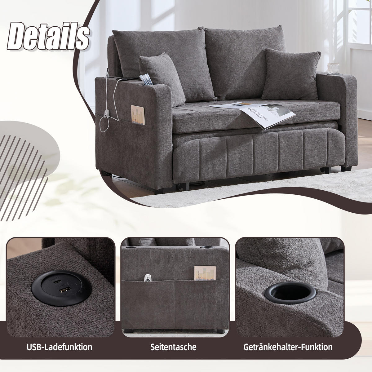 SCHLAFSOFA 139/73/83 cm Grau mit Aufbewahrungstaschen, USB-Ladefunktion und Getränkehalter - Grau, Textil (139/83/73cm) - Oxeza