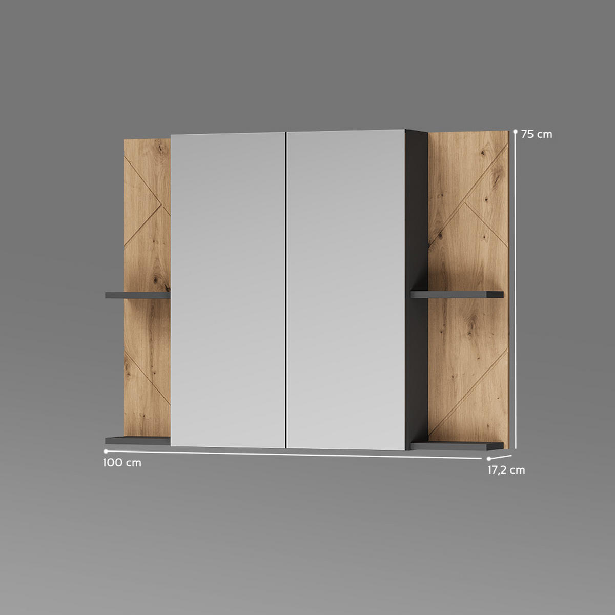 BADSPIEGELSCHRANK Ronco, Anthrazit/Artisan-Eiche, 100 x 75 cm mit 2 Türen - Anthrazit/Eiche Artisan, Holzwerkstoff (100/75/17.2cm) - Livinity®