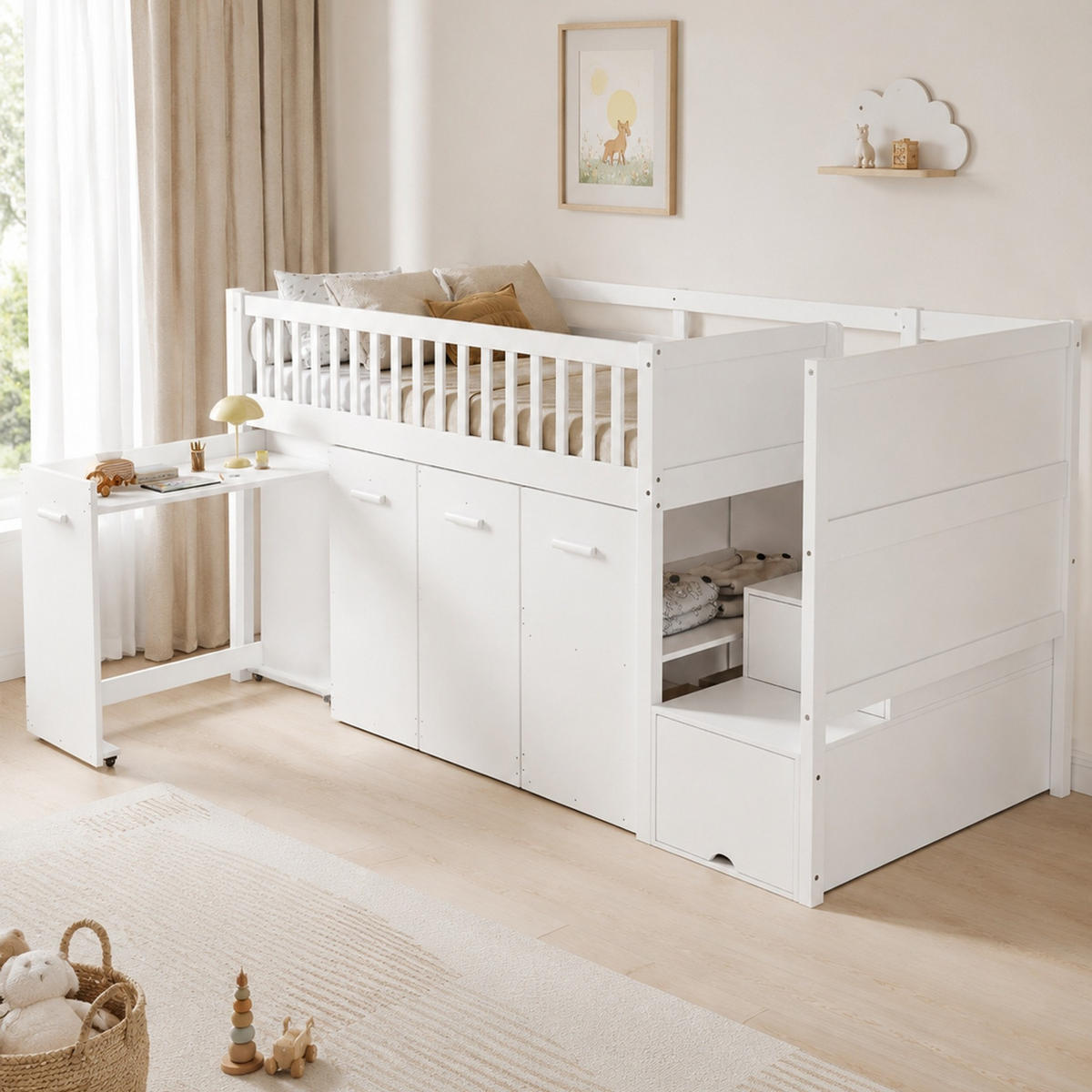 ETAGENBETT 90/200 mit Schreibtisch, Kleiderschrank und Stauraumtreppe in Weiß - Weiß, Holzwerkstoff (90/200cm) - EVRYAE