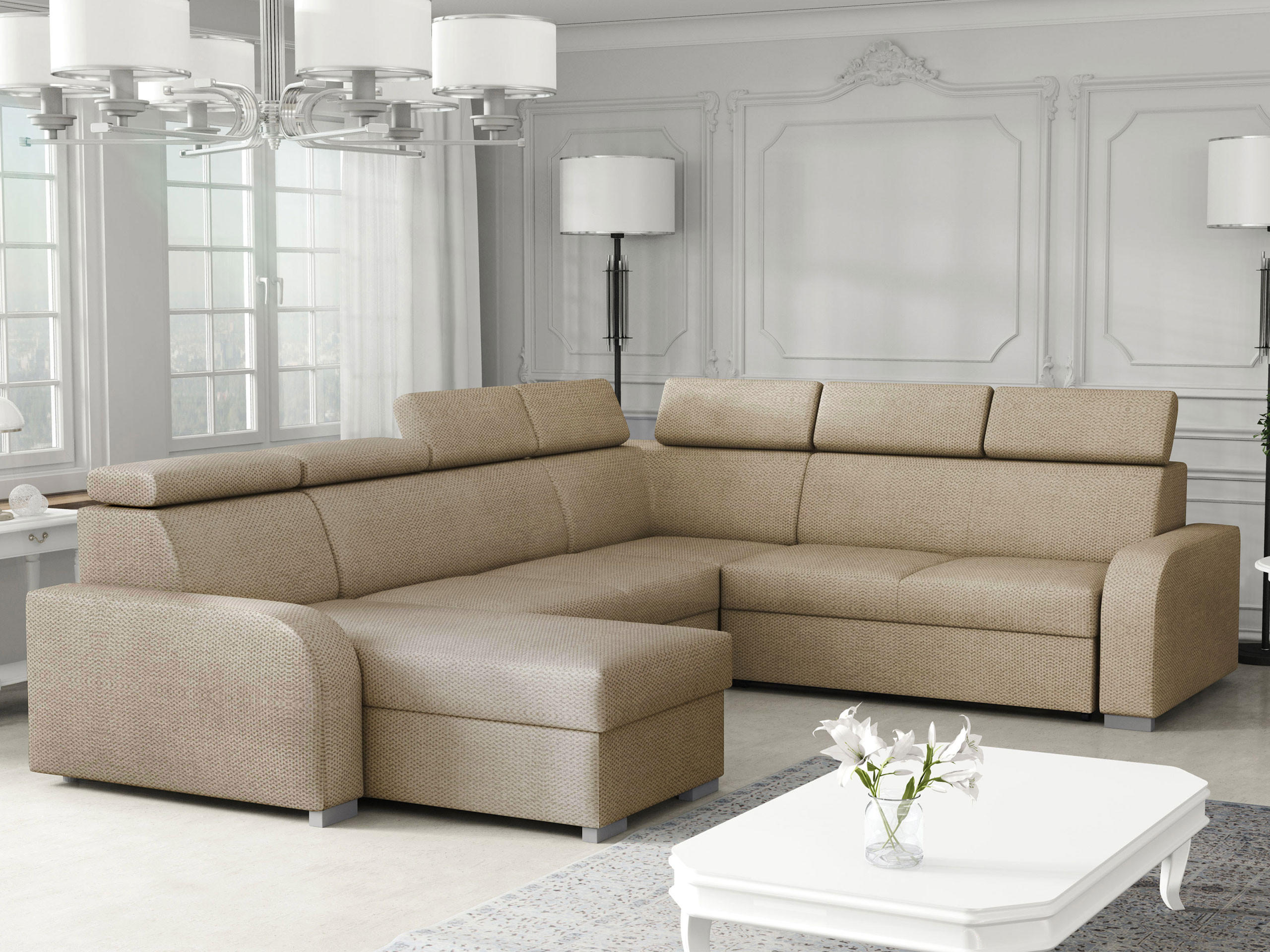 WOHNLANDSCHAFT Oslo 2rR2pLC - Silberfarben/Naturfarben, Holz/Kunststoff (315/85/250cm) - MIRJAN24