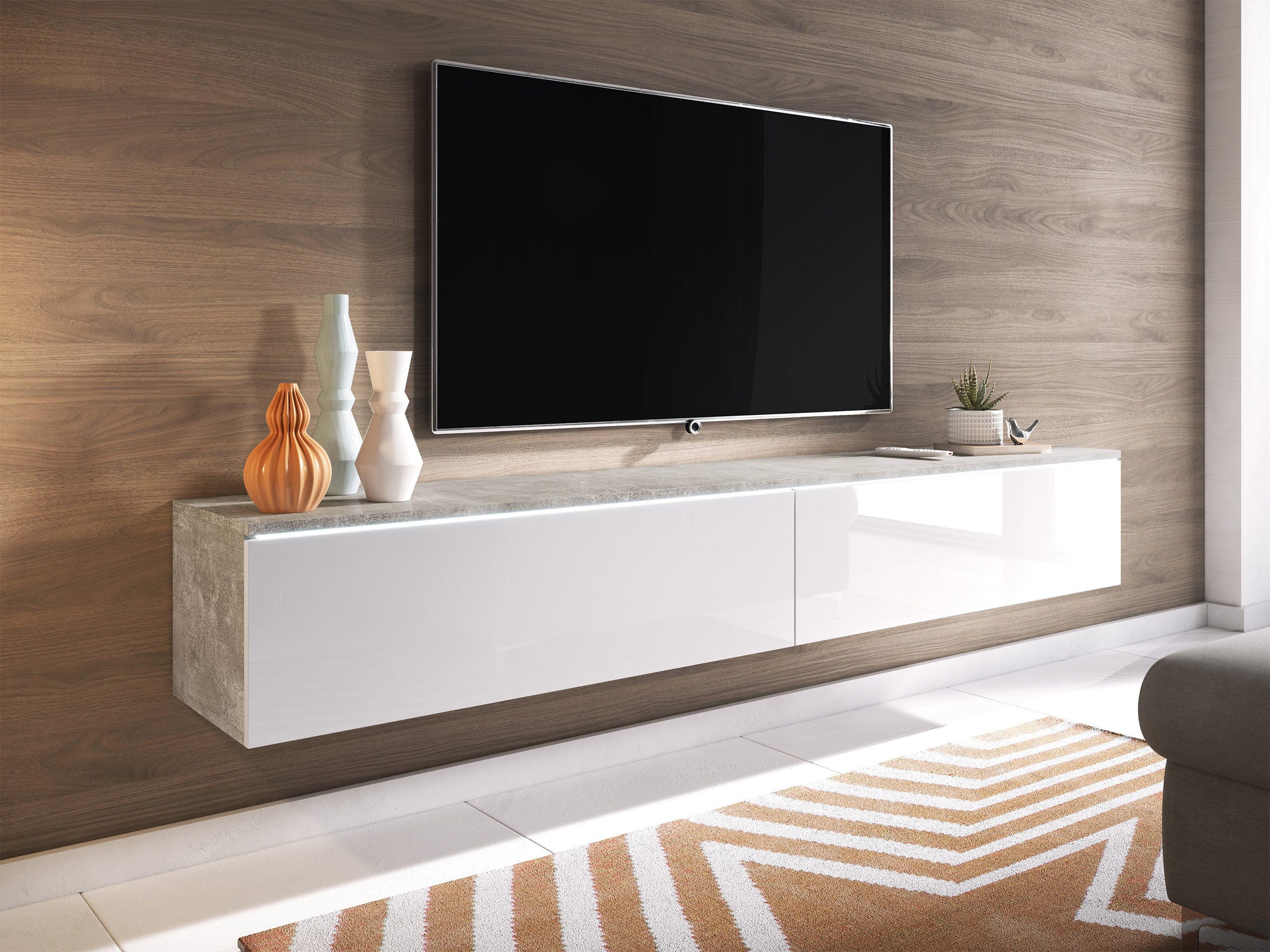 TV-LOWBOARD D180 mit weißer LED Beleuchtung - Weiß Hochglanz/Silberfarben, Holzwerkstoff/Kunststoff (180/30/33cm) - MIRJAN24