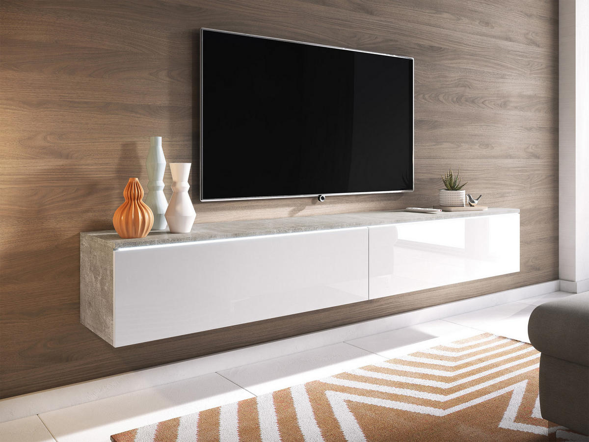 TV-LOWBOARD D180 mit weißer LED Beleuchtung - Weiß Hochglanz/Silberfarben, Holzwerkstoff/Kunststoff (180/30/33cm) - MIRJAN24