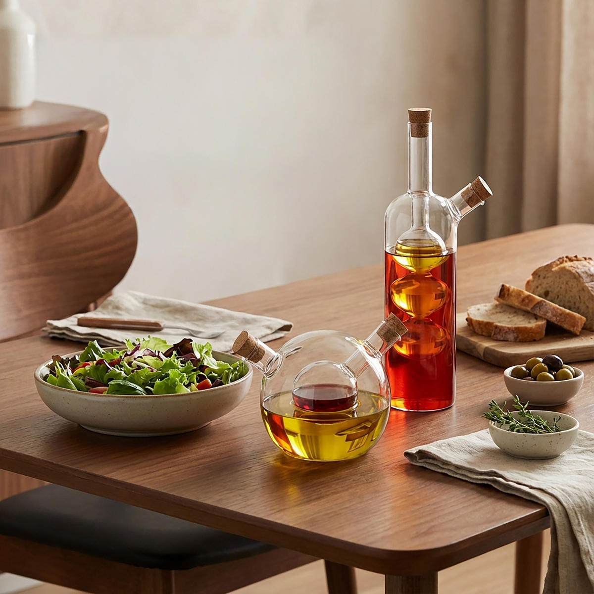 2XESSIG-ÖL-FLASCHEN - Transparent, Glas/Naturmaterialen (5.5/21/5.5cm) - Relaxdays