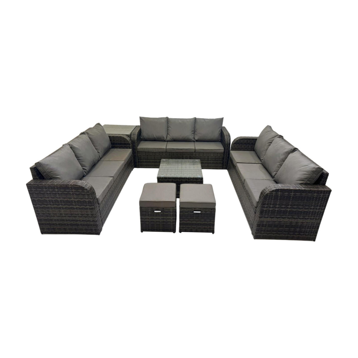 GARTENMÖBELGARNITUR mit KISSEN Polyrattan Dunkelgrau 11-Sitzer - Dunkelgrau/Grau, Glas/Kunststoff - Fimous