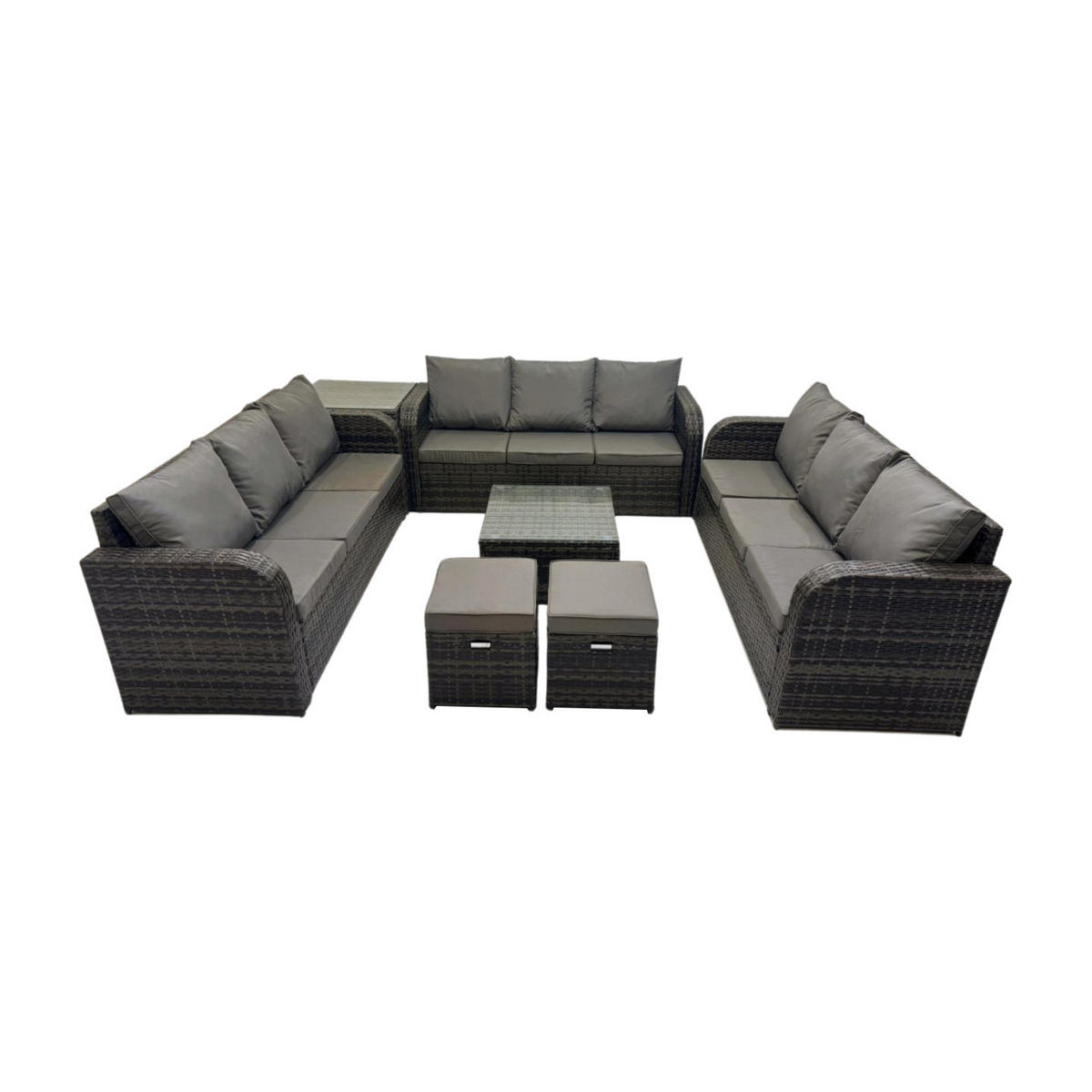 GARTENMÖBELGARNITUR mit KISSEN Polyrattan Dunkelgrau 11-Sitzer - Dunkelgrau/Grau, Glas/Kunststoff - Fimous