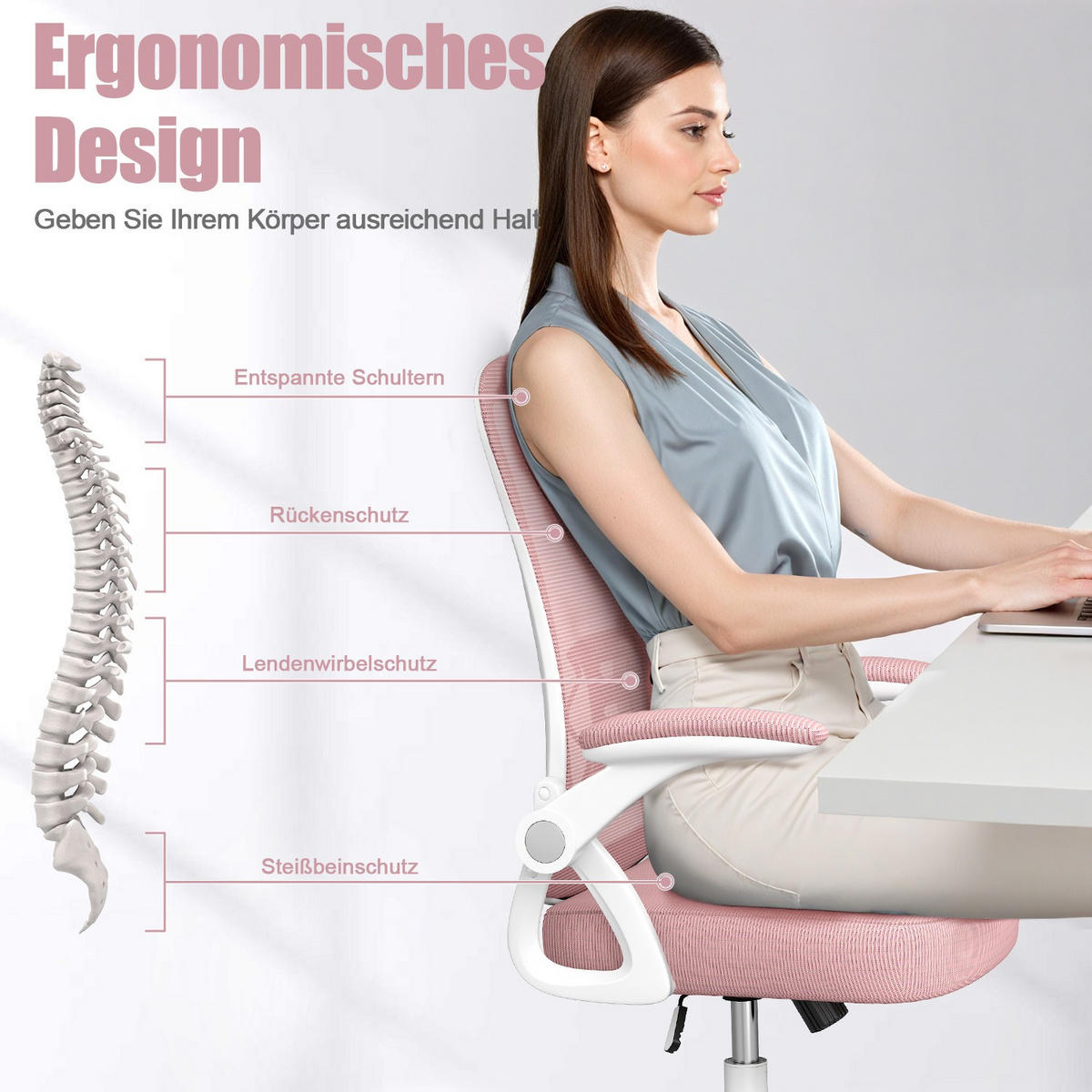 BÜRODREHSTUHL ergonomisch, mittelhohe Rückenlehne, klappbare Armlehnen – Rosa - Pink, Metall (50/102/50cm) - Rattantree