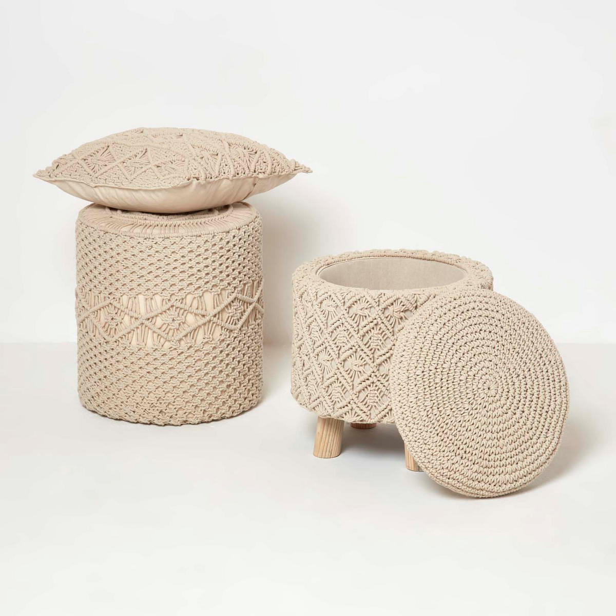 MAKRAMEE-HOCKER mit Stauraum Indy natur, 41/41/43 cm - Naturfarben, Textil (41/43/41cm) - Homescapes