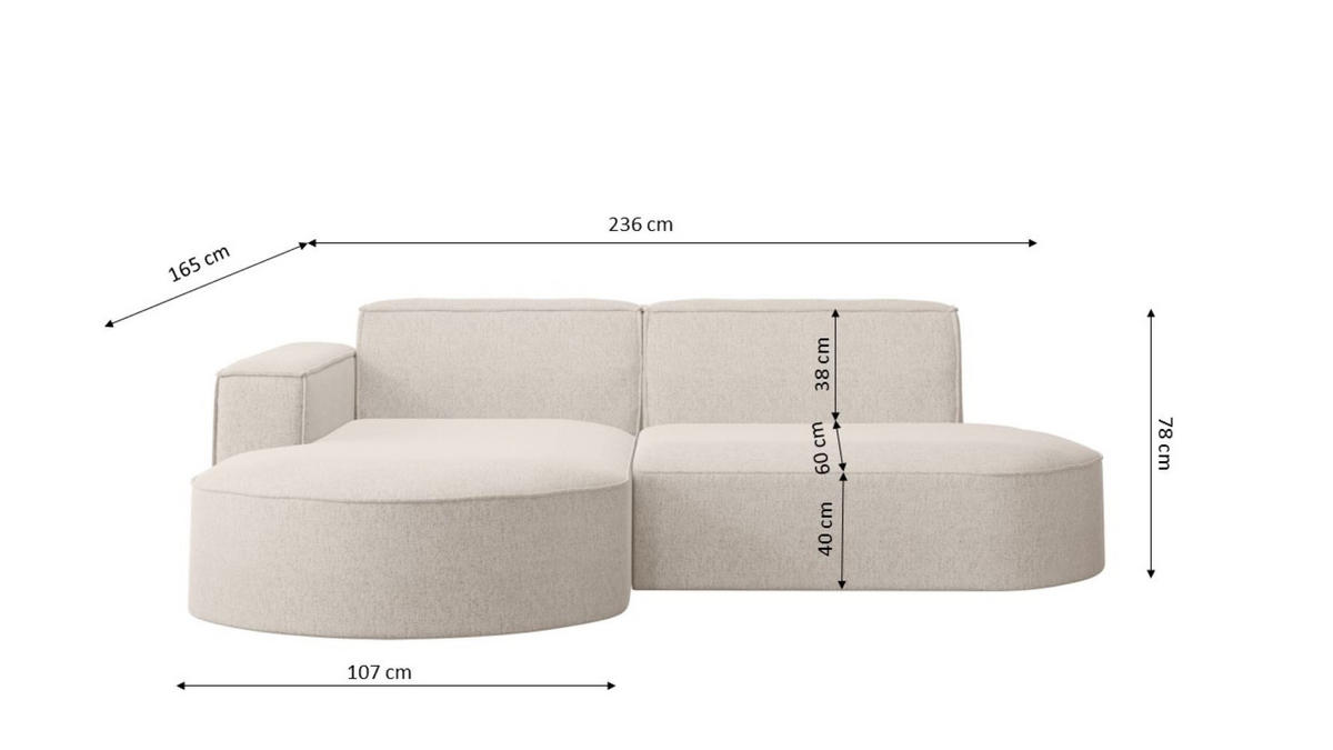 ECKSOFA L Form MODENA STUDIO Stoff Nordic Grau Links - Grau, Holz (165/236cm) - Kaiser Möbel