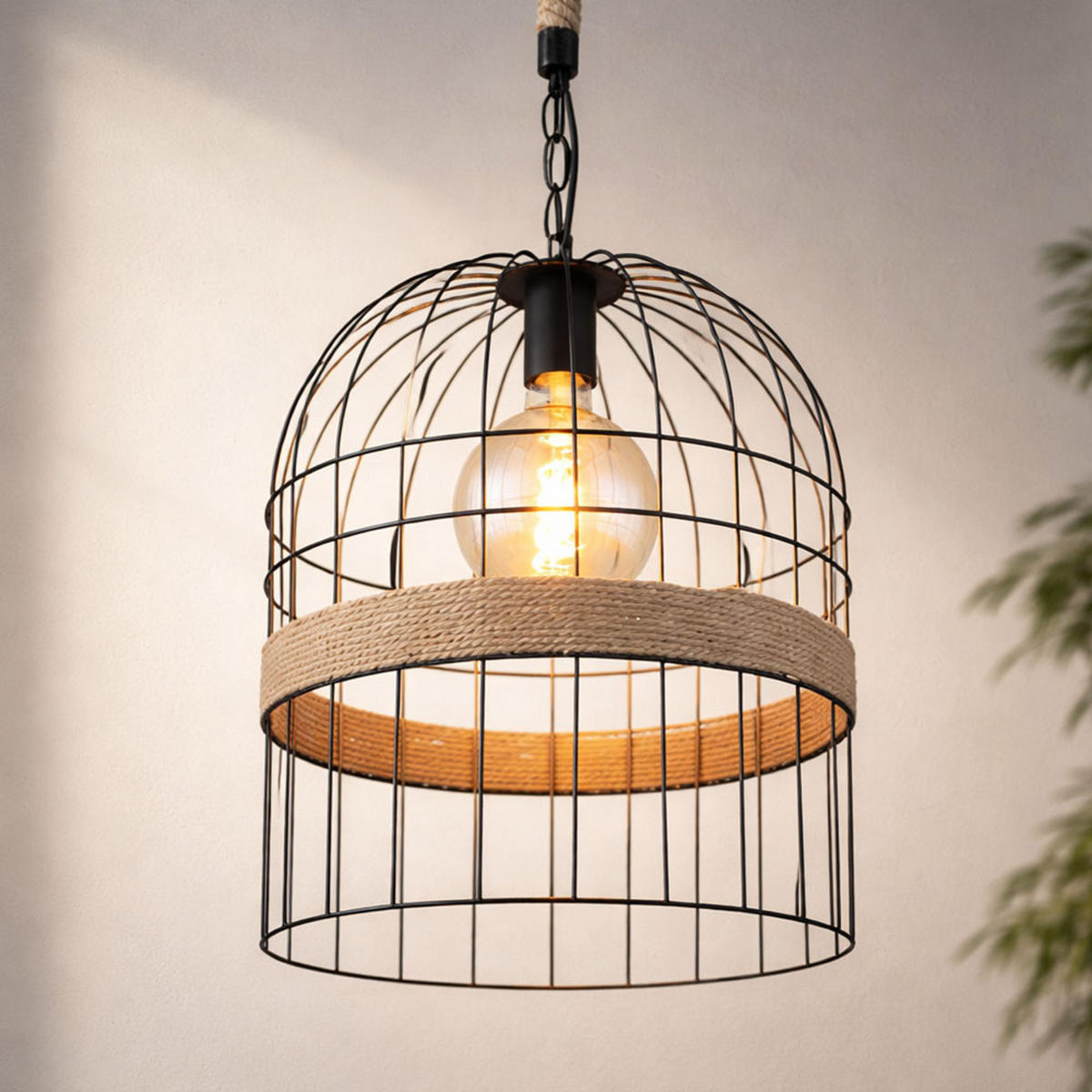 HÄNGELEUCHTE HALIA Schwarz Hanfseil - Schwarz, Metall (35/35/140cm) - Globo Lighting