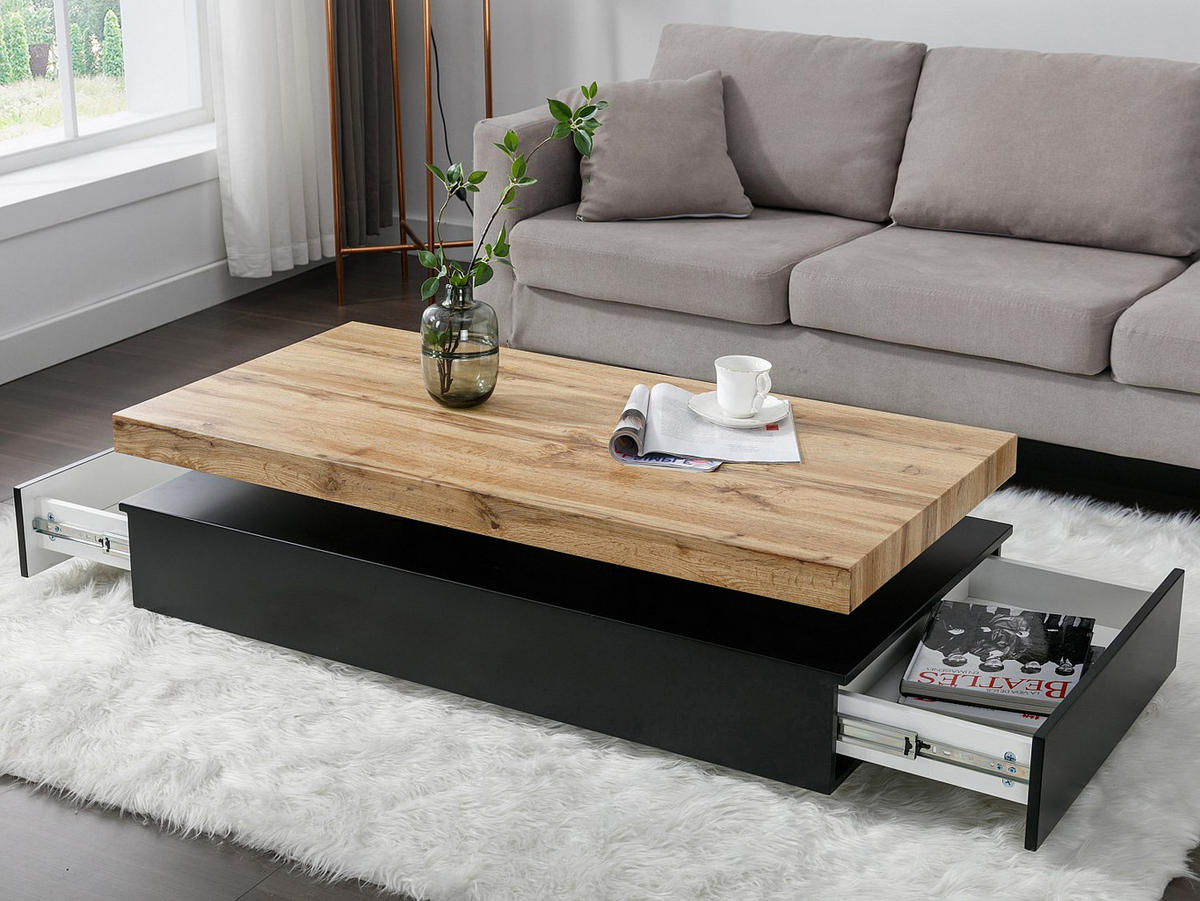 COUCHTISCH mit 2 Schubladen - MDF - Schwarz & Holzfarben hell - FELIX - Schwarz, Holz (120/60/35cm) - Vente-Unique