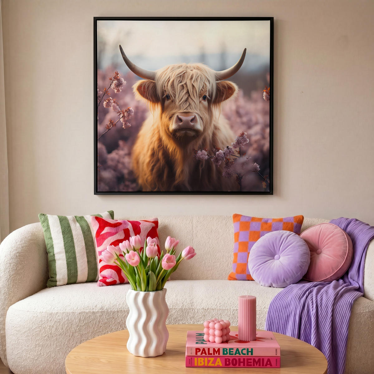 LEINWAND Bilder mit Rahmen - Schottischer Hochländer - Frühling - Hochland - 90x90 - Hellrosa, Textil (90/90cm) - MuchoWow