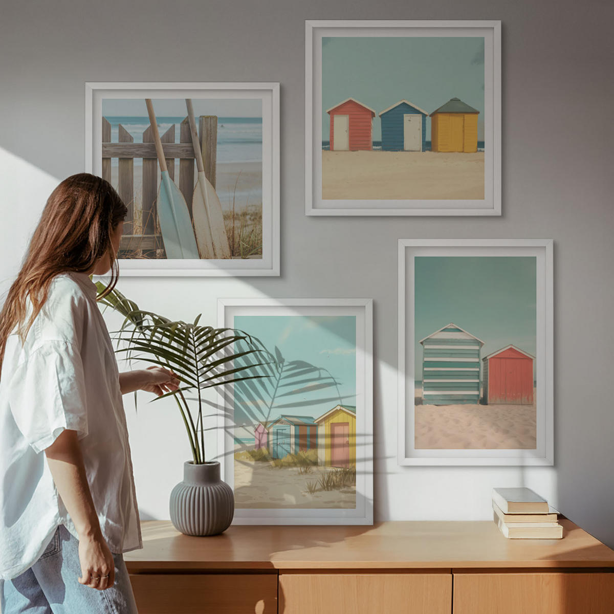BILDER SET 4er Set - 50x50 cm & 40x60 cm Weißer Rahmen - Bunte Strandhäuser - Weiß, Kunststoff (50/50cm) - TULUP