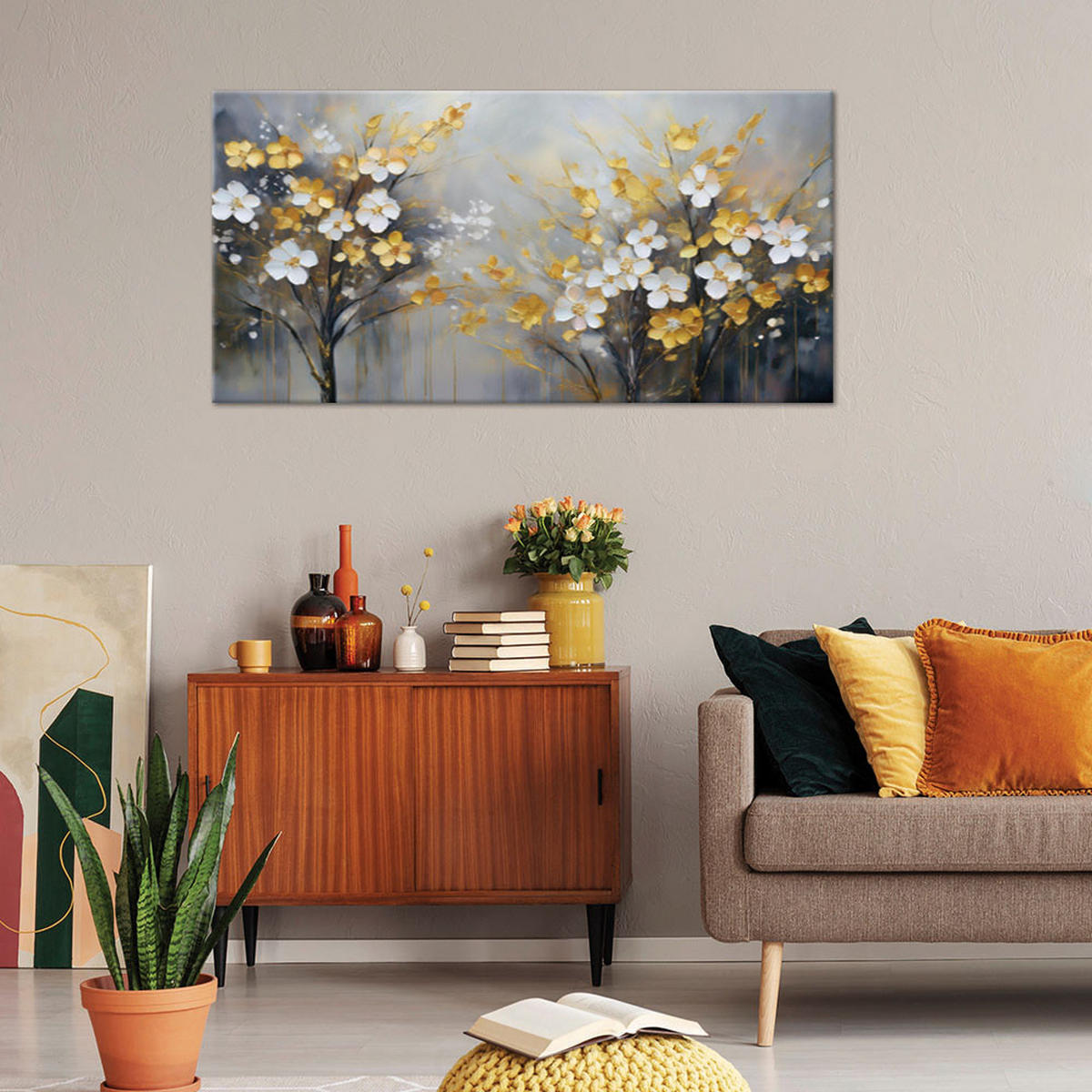 LEINWANDBILD Abstrakter Baum mit goldenen Blumen - Grau, Textil (80/40cm) - Feeby