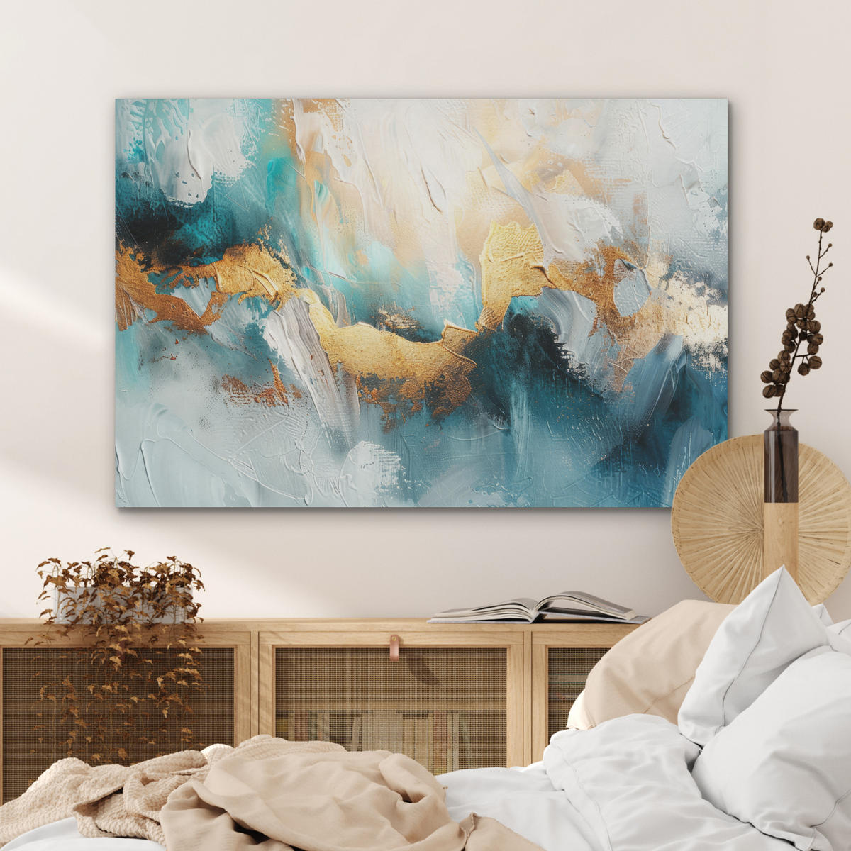 AKUSTIKPANEEL Abstrakt - Kunst - Gold - Blau 100x70 cm - Petrol, Textil (100/0.9/70cm) - MuchoWow