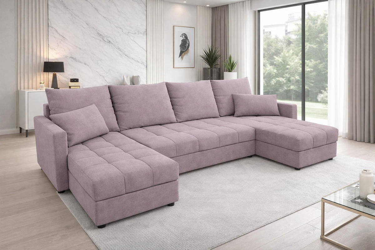 WOHNLANDSCHAFT AURELIA – Ecksofa in U-Form mit Schlaffunktion, Bettkasten & Kissen Stoff KRONOS 287 cm Rosa - Rosa, Kunststoff (287/140cm) - Wohnideebilder
