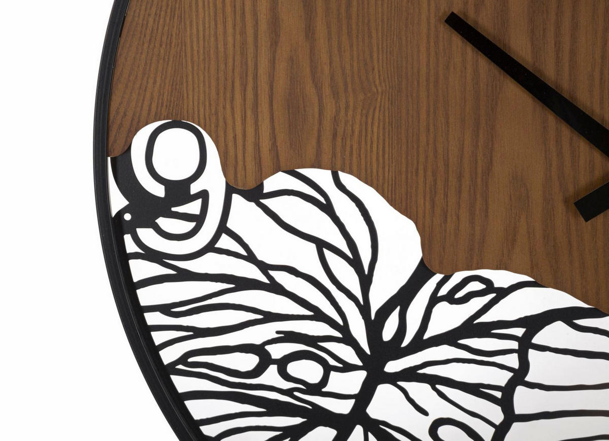 WANDUHR Wood/Leaf, schwarz und braun, Eisen und MDF, 60 x 2 x 60 cm, Motiv: Blätter - Schwarz/Braun, Holzwerkstoff/Metall (60/60/2cm) - Mauro Ferretti