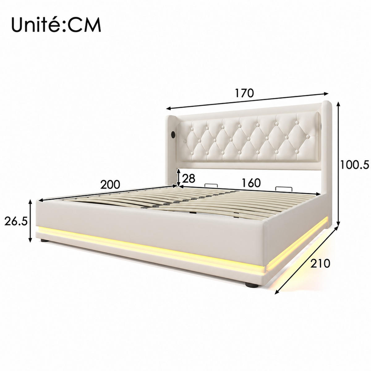 POLSTERBETT 160/200 mit Bettkasten, 3-seitiger LED-Beleuchtung und USB Type-C in Weiß - Weiß, Holzwerkstoff/Textil (160/200cm) - EVRYAE