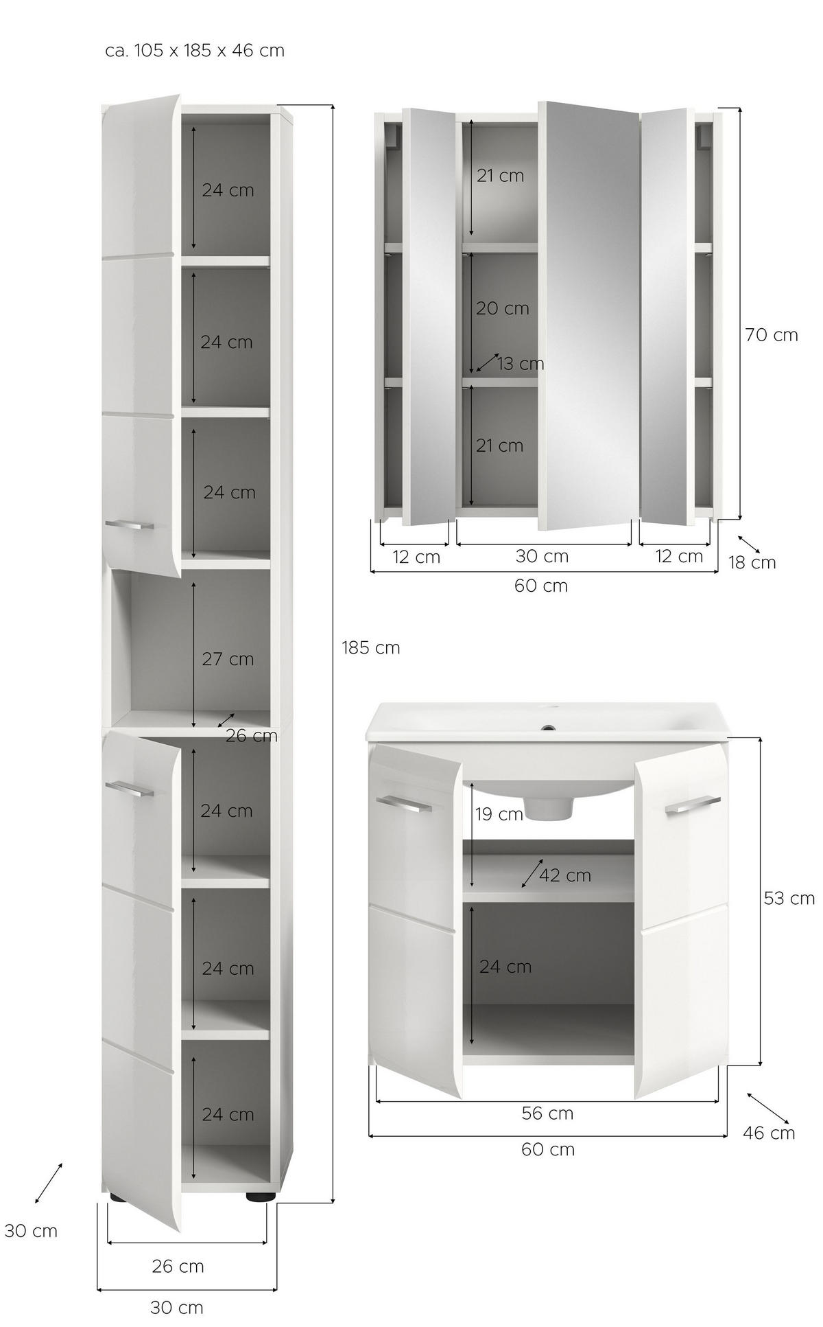 BADEZIMMER 3 tlg. Alba Bad in weiß und weiß hochglanz B/H/T: 105x185x46 cm - Weiß, Holz (105/185/46cm)