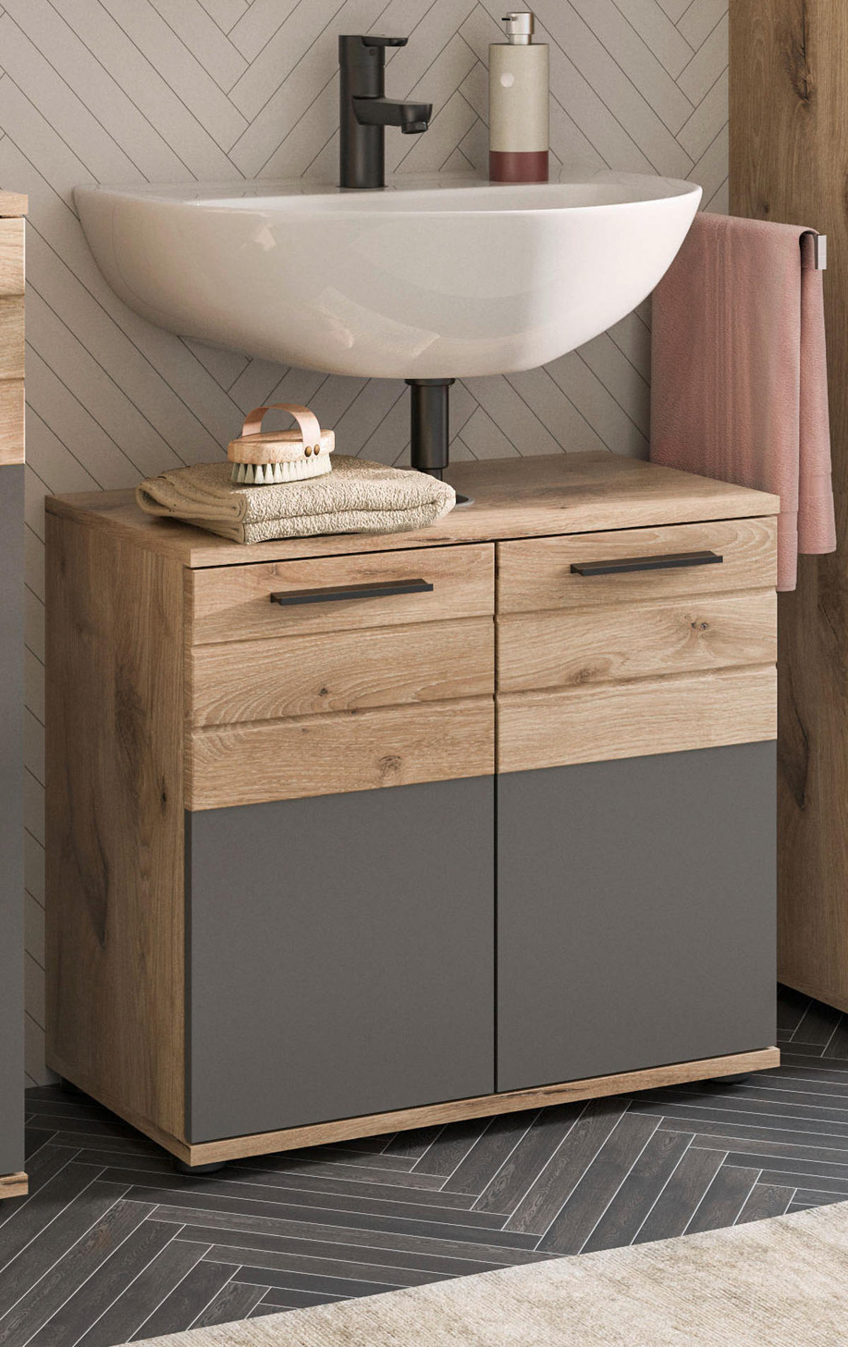WASCHBECKENUNTERSCHRANK Eiche, grau 60 cm mit Soft-Close - Eichefarben/Schwarz, Holzwerkstoff/Kunststoff (60/56/34cm) - Inn.Furn