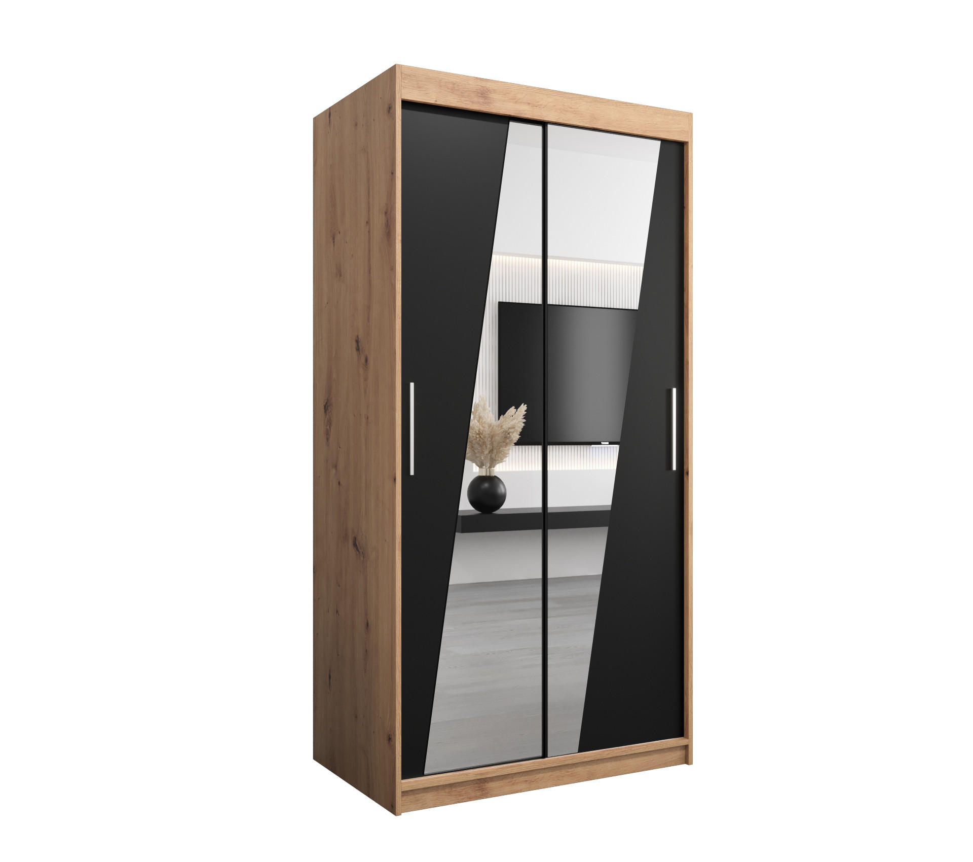 Abiks Möbel Schwebetürenschrank Eiche Artisan, Schwarz 100x200x62 cm