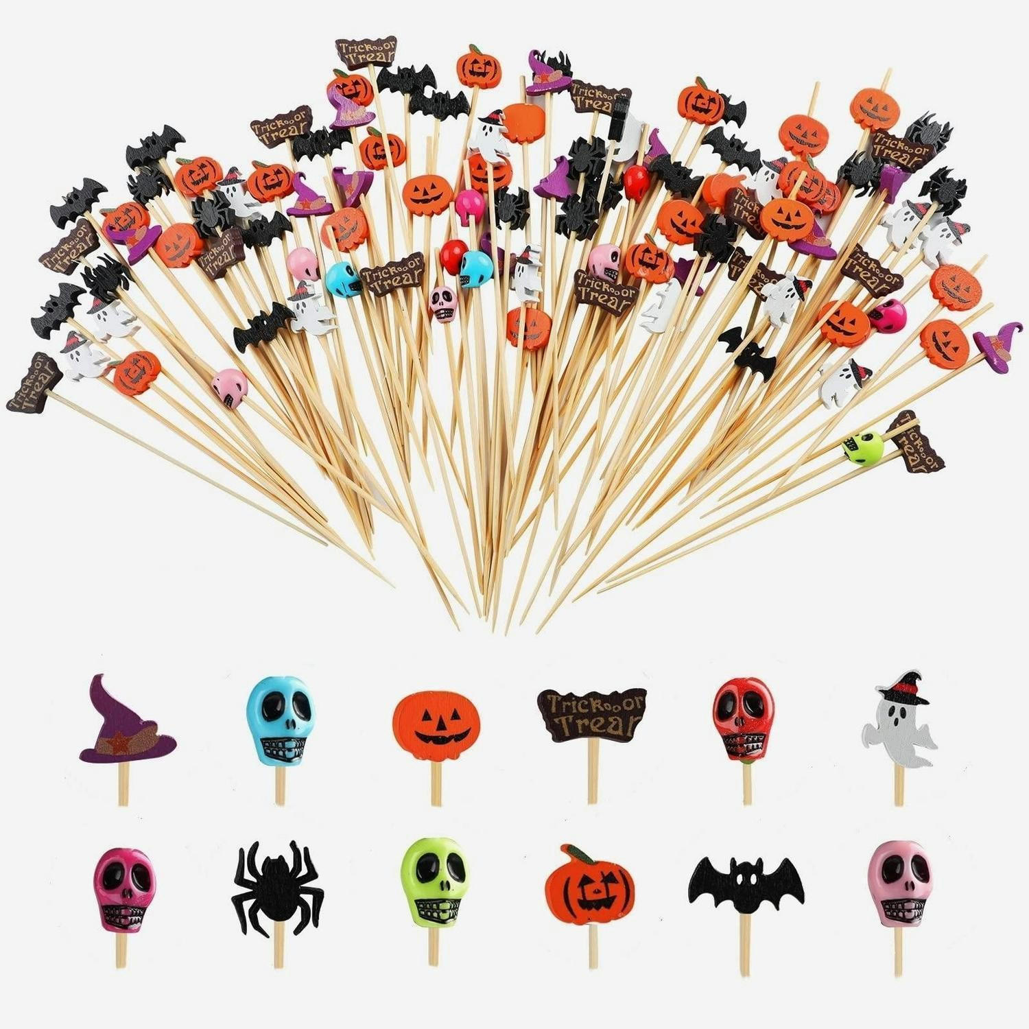 COCKTAILSPIESSE Halloween 200-teiliges Set 12 cm Bambus Totenkopf Kürbis Geist Fledermaus - Multicolor, Holz (1/1/12cm)