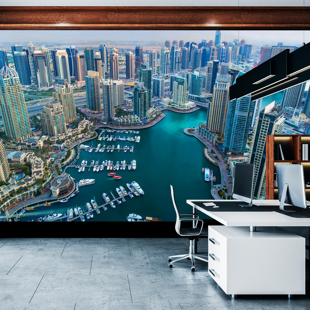 FOTOTAPETE für Wohnzimmer Dubai Vogelperspektive Wolkenkratzer 450x315 - Türkis/Blau, Papier (450/315cm) - Muralo