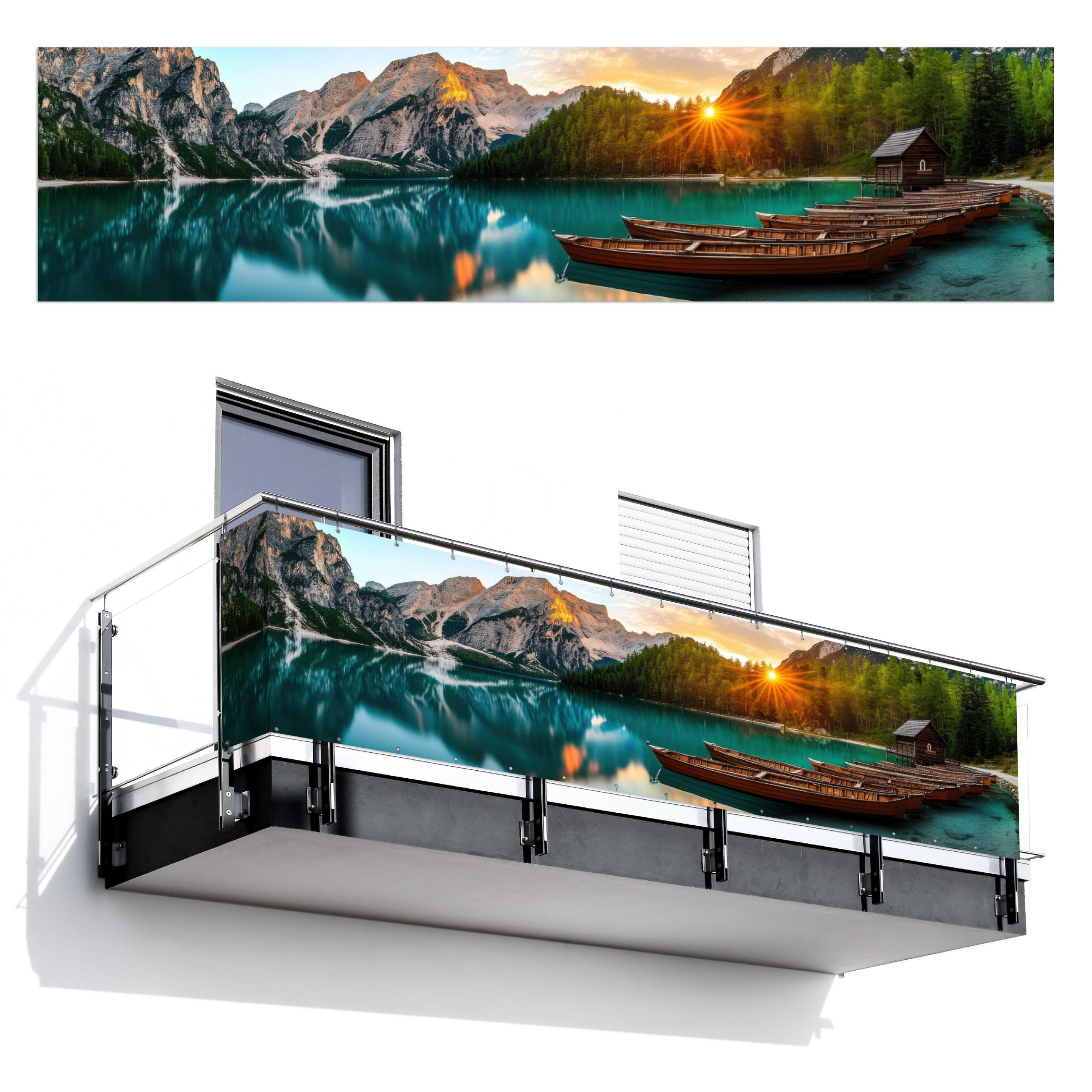 MuchoWow BALKONOVÁ ZÁSTĚNA Jezero - Hory - Západ slunce - Loď 500x120 cm