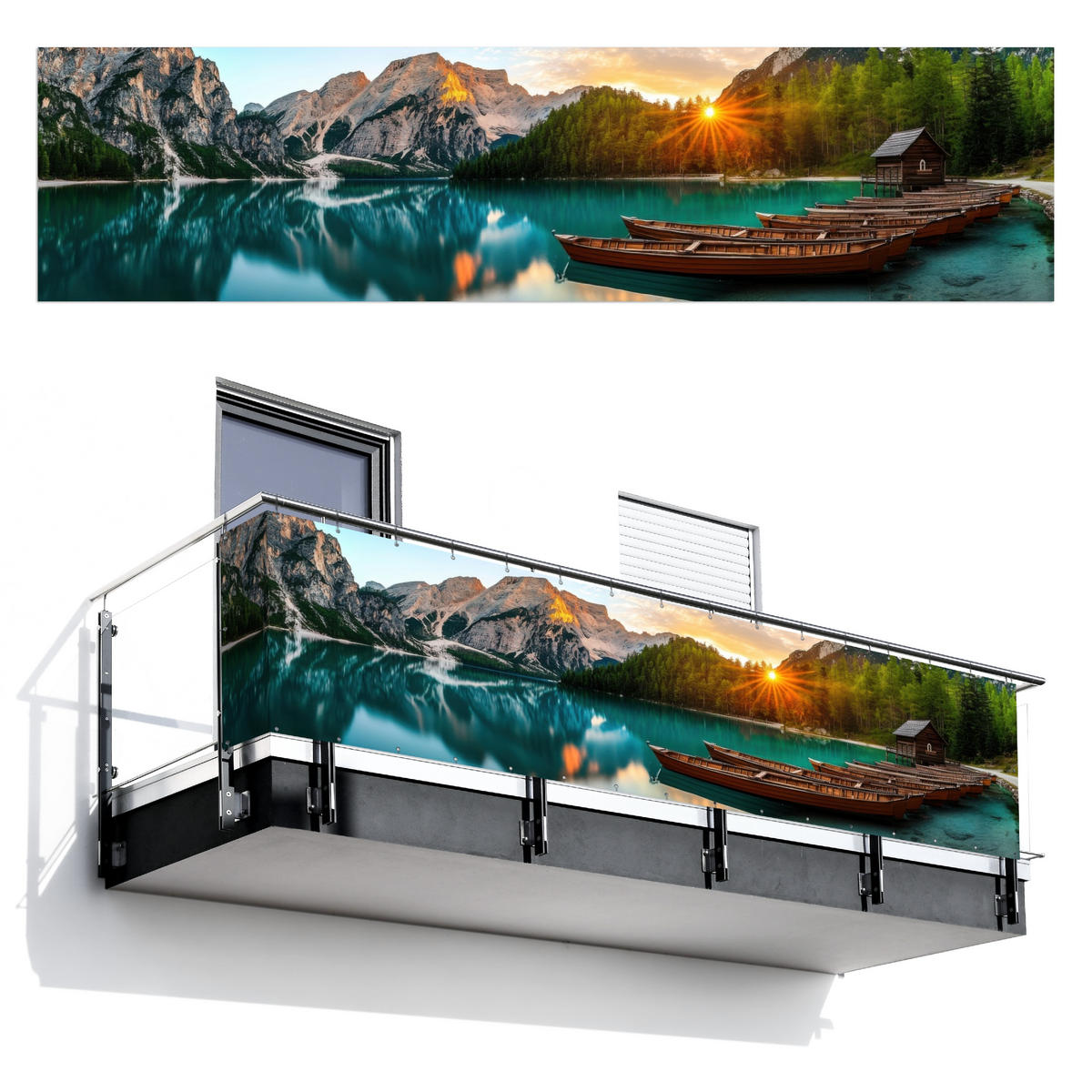 BALKON-SICHTSCHUTZ See - Berge - Sonnenuntergang - Boot - Petrol, Kunststoff (500/120cm) - MuchoWow