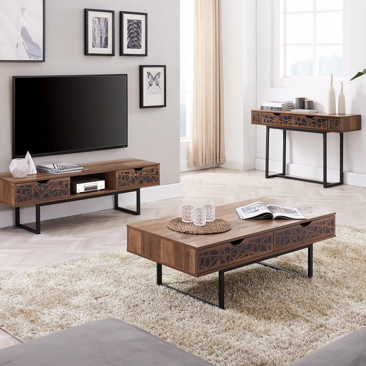 TV-MÖBEL mit 2 Schubladen und Ablage im Holzdekor L140 cm - Anaëlle - Nussbaumfarben, Holzwerkstoff (39/43/140cm) - Calicosy