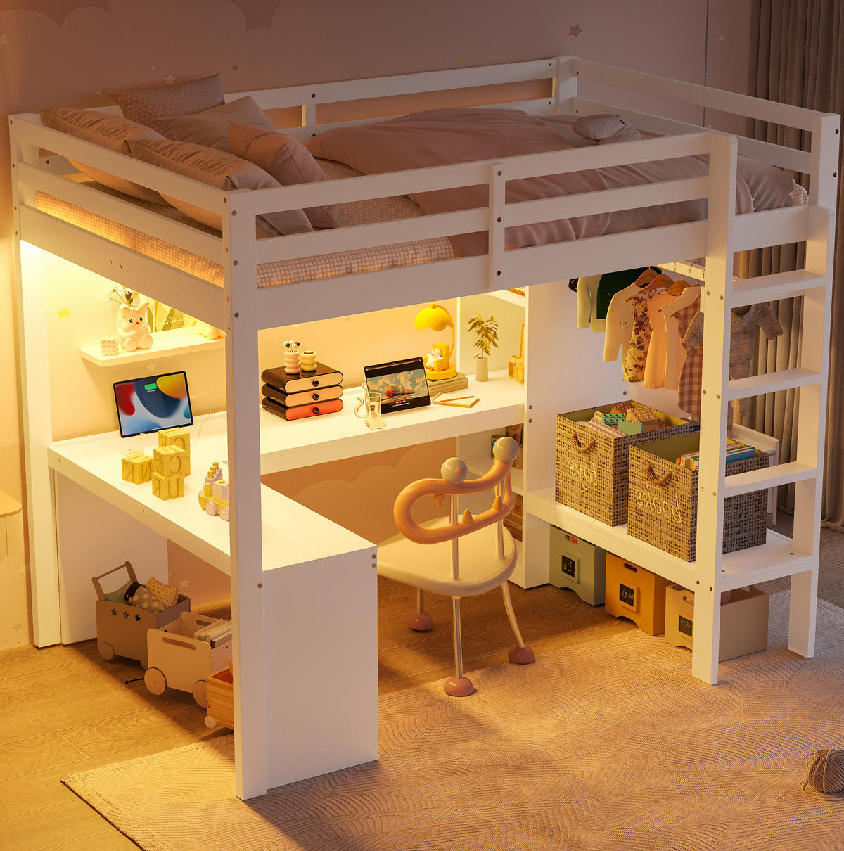 HOCHBETT 140/200 cm mit Schreibtisch, LED, USB, Regalen aus Massivholz und MDF, Weiß - Weiß, Holzwerkstoff (140/200cm) - Redom
