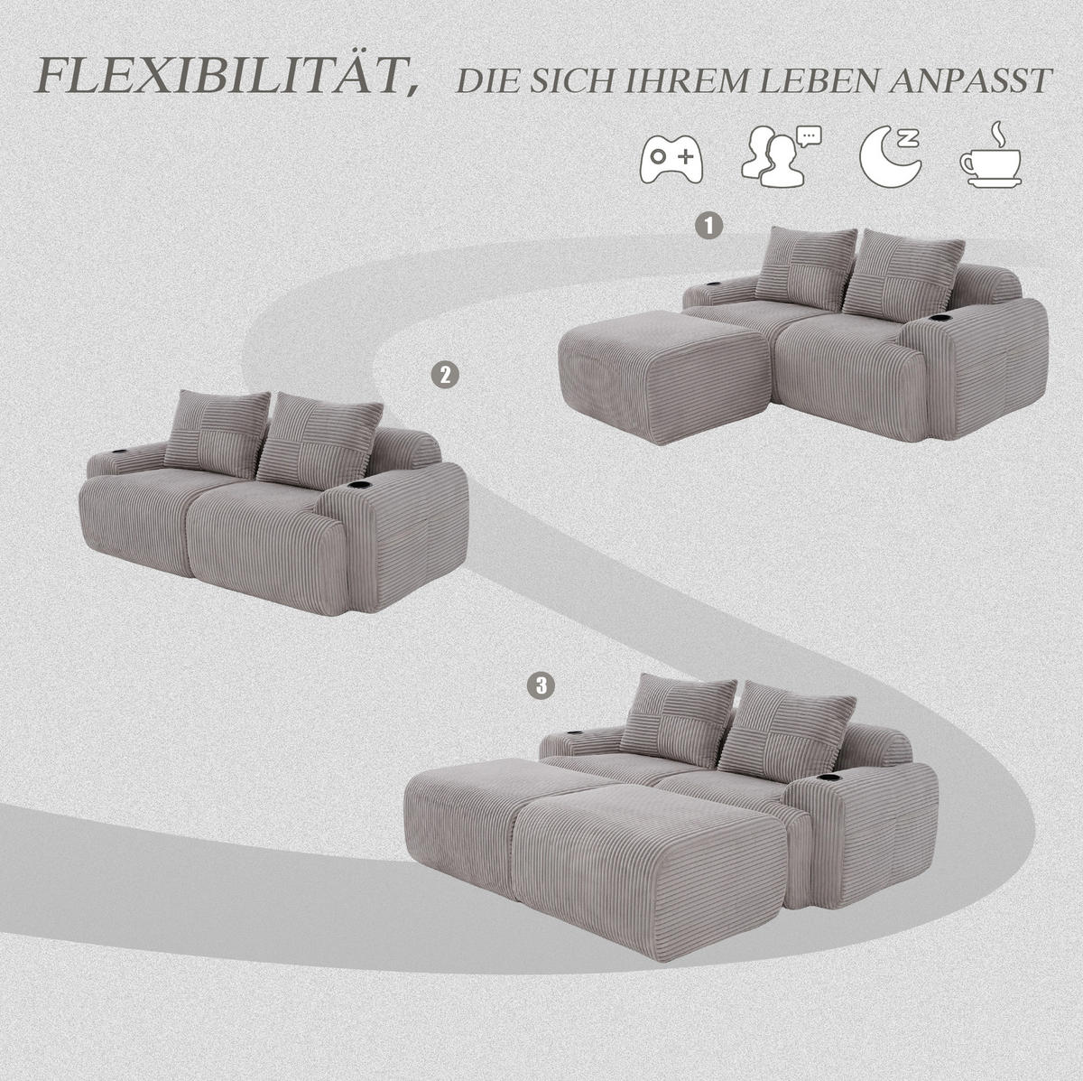 MODULARES 2-Sitzer Sofa Cord mit Getränkehalter und Seitentasche 200/174/80 cm Hellgrau - Hellgrau, Textil (174/80/200cm) - Redom
