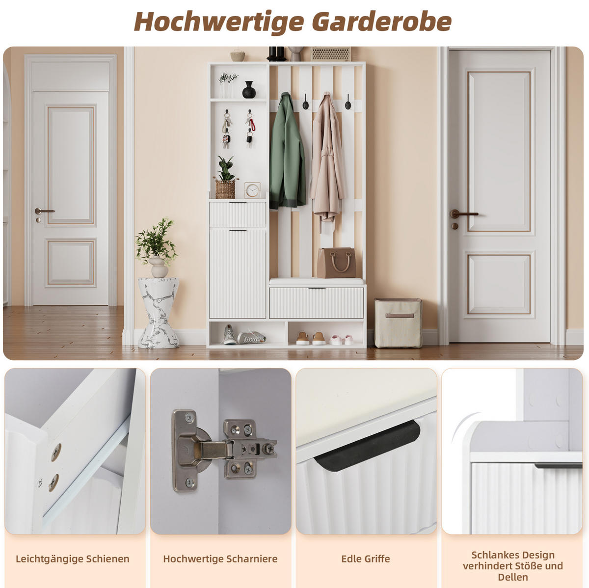 GARDEROBENKOMBINATION 100/30/180 cm aus Spanplatte mit Sitzbank, Schubladen und Kippschutz Weiß - Weiß, Holzwerkstoff (100/180/30cm) - Modenvie
