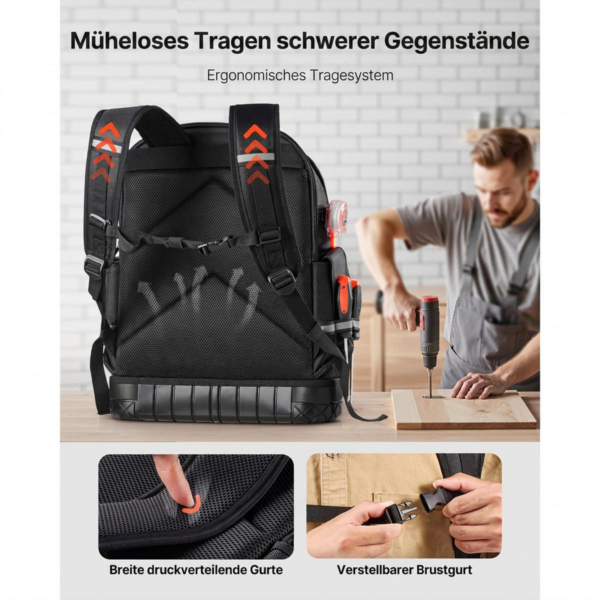 WERKZEUGTASCHE 64 Fächer Laptopfach Hartboden für Elektriker Handwerker - Schwarz, Metall (10/10/10cm) - Raelunyi